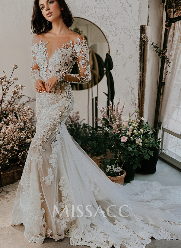 Luxury Trumpet Lace Applique Illusion Neck Long Sleeves Bare Back Wedding Dresses