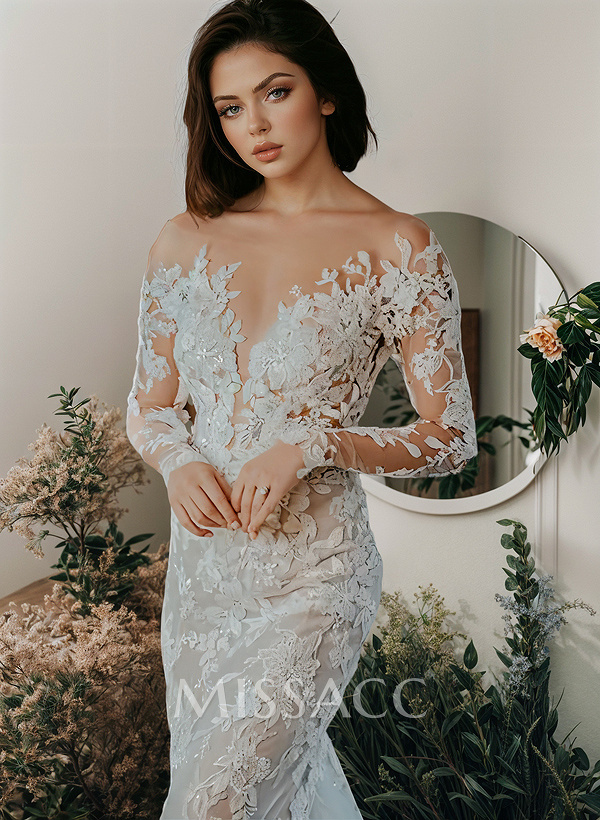 Luxury Trumpet Lace Applique Illusion Neck Long Sleeves Bare Back Wedding Dresses