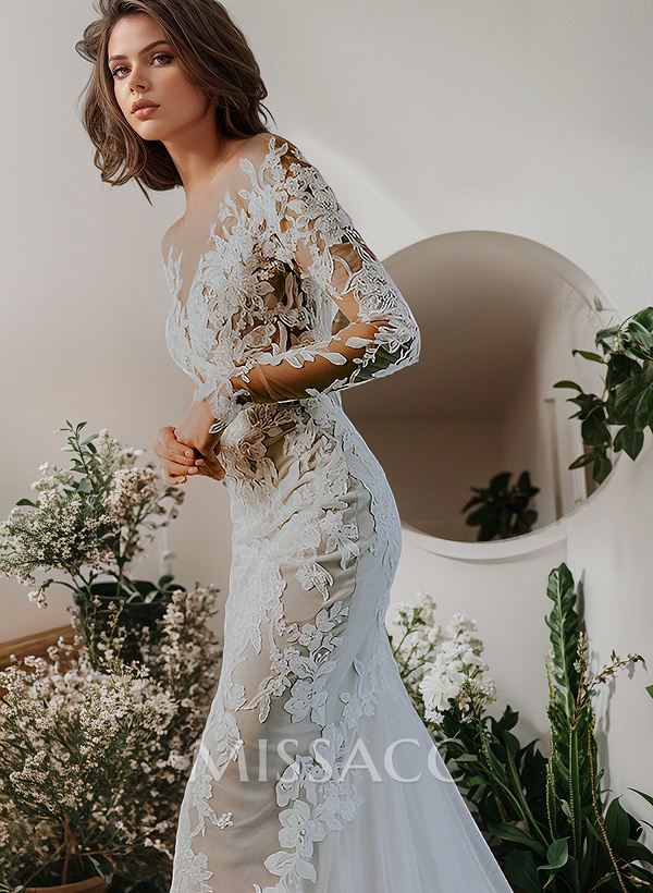 Luxury Trumpet Lace Applique Illusion Neck Long Sleeves Bare Back Wedding Dresses