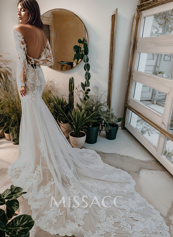 Luxury Trumpet Lace Applique Illusion Neck Long Sleeves Bare Back Wedding Dresses