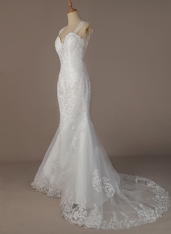 Trumpet/Mermaid Sweetheart Sleeveless Lace Chapel Train Wedding Dresses With Appliques Lace Back Hole