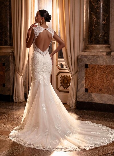 Trumpet/Mermaid Sweetheart Sleeveless Lace Chapel Train Wedding Dresses With Appliques Lace Back Hole