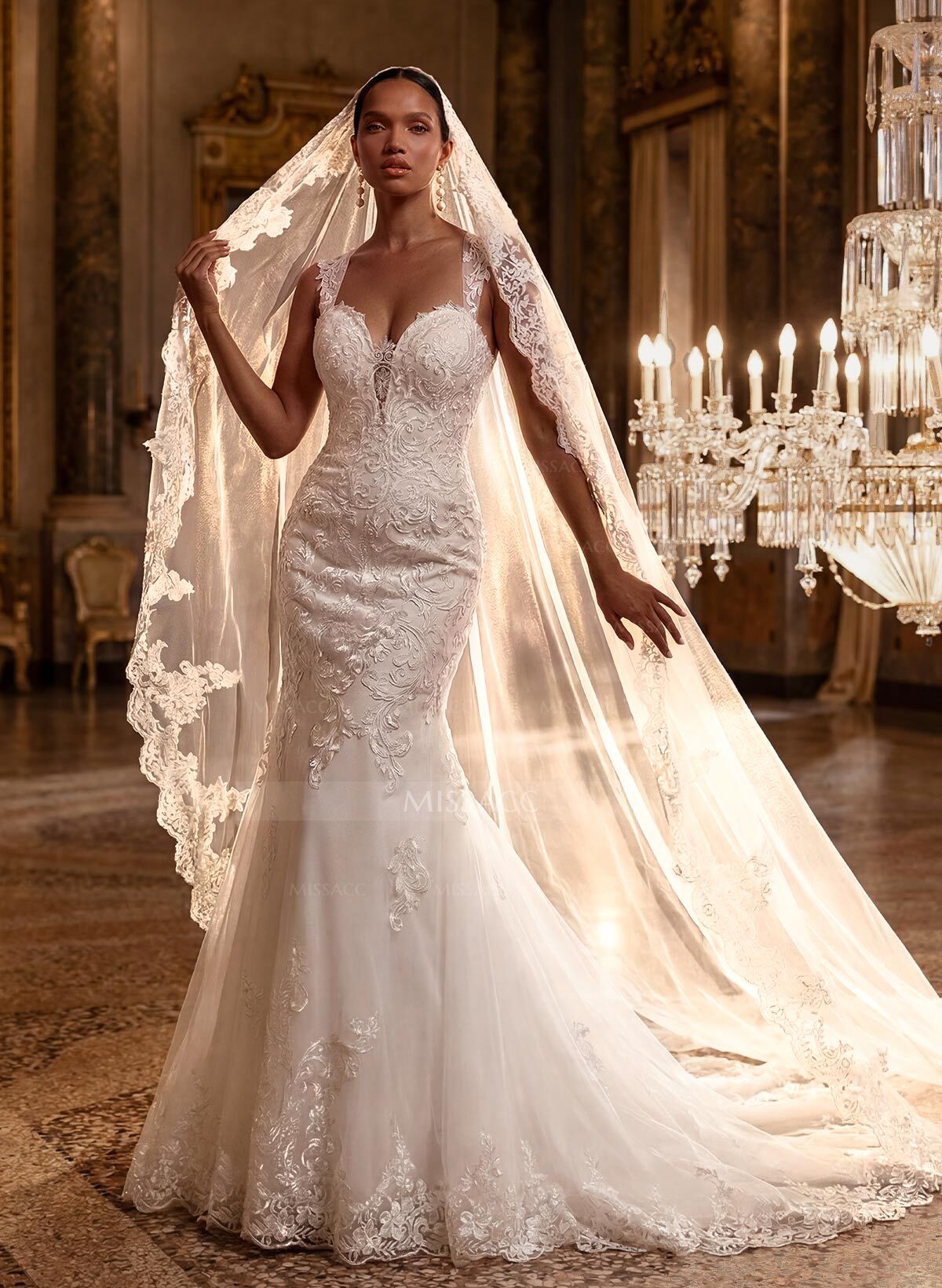 Trumpet/Mermaid Sweetheart Sleeveless Lace Chapel Train Wedding Dresses With Appliques Lace Back Hole