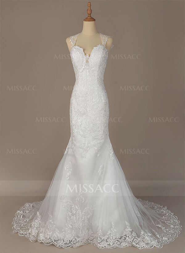 Trumpet/Mermaid Sweetheart Sleeveless Lace Chapel Train Wedding Dresses With Appliques Lace Back Hole