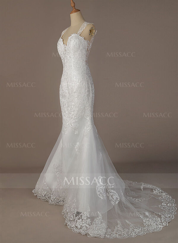 Trumpet/Mermaid Sweetheart Sleeveless Lace Chapel Train Wedding Dresses With Appliques Lace Back Hole