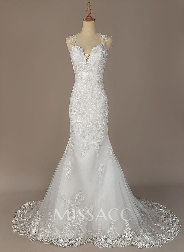 Trumpet/Mermaid Sweetheart Sleeveless Lace Chapel Train Wedding Dresses With Appliques Lace Back Hole Trumpet/Mermaid Sweetheart Sleeveless Lace Chapel Train Wedding Dresses With Appliques Lace Back Hole