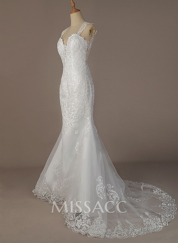 Trumpet/Mermaid Sweetheart Sleeveless Lace Chapel Train Wedding Dresses With Appliques Lace Back Hole Trumpet/Mermaid Sweetheart Sleeveless Lace Chapel Train Wedding Dresses With Appliques Lace Back Hole