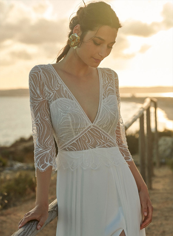 A-Line V-Neck 3/4 Sleeves Chiffon Lace Sweep Train Wedding Dresses With Pleated Lace