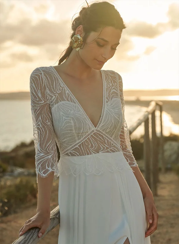 Missacc Ivory Bride A-Line V-Neck 3/4 Sleeves Chiffon Lace Sweep Train Wedding Dresses with Pleated Lace Missacc Ivory Bride A-Line V-Neck 3/4 Sleeves Chiffon Lace Sweep Train Wedding Dresses with Pleated Lace