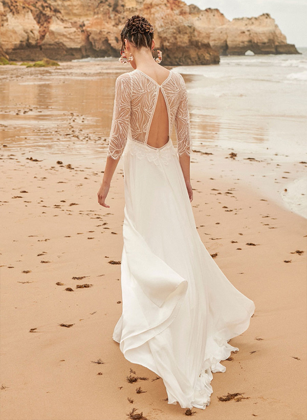 A-Line V-Neck 3/4 Sleeves Chiffon Lace Sweep Train Wedding Dresses With Pleated Lace