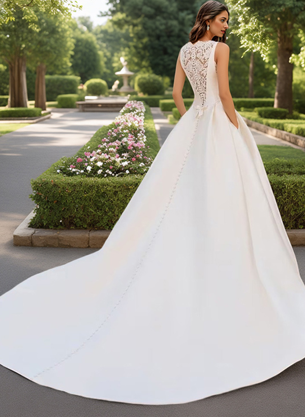 Ball-Gown Scoop Neck Sleeveless Satin Chapel Train Wedding Dresses With Lace Bow(s)