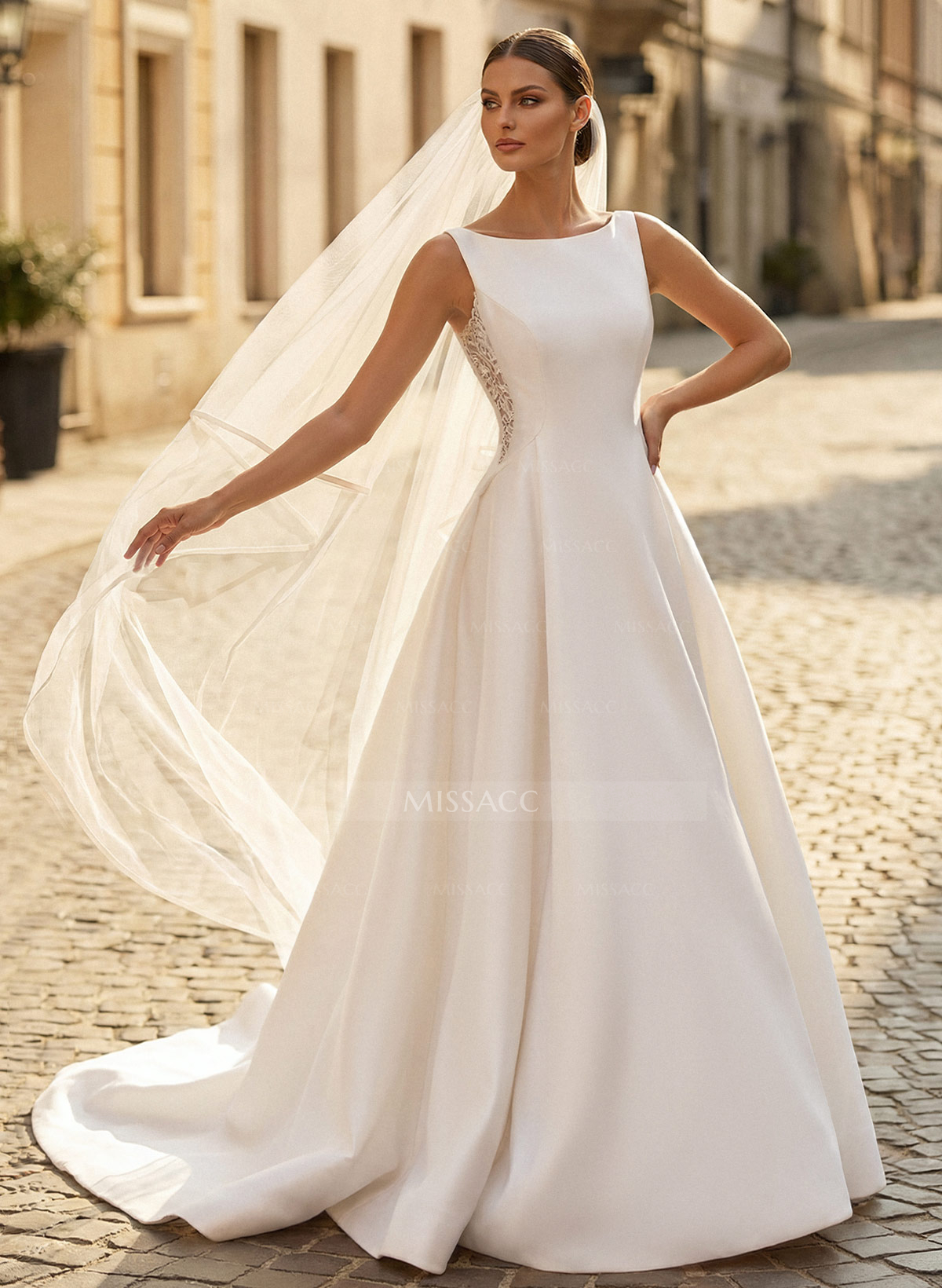 Ball-Gown Scoop Neck Sleeveless Satin Cathedral Train Wedding Dresses With Lace Bow(s)