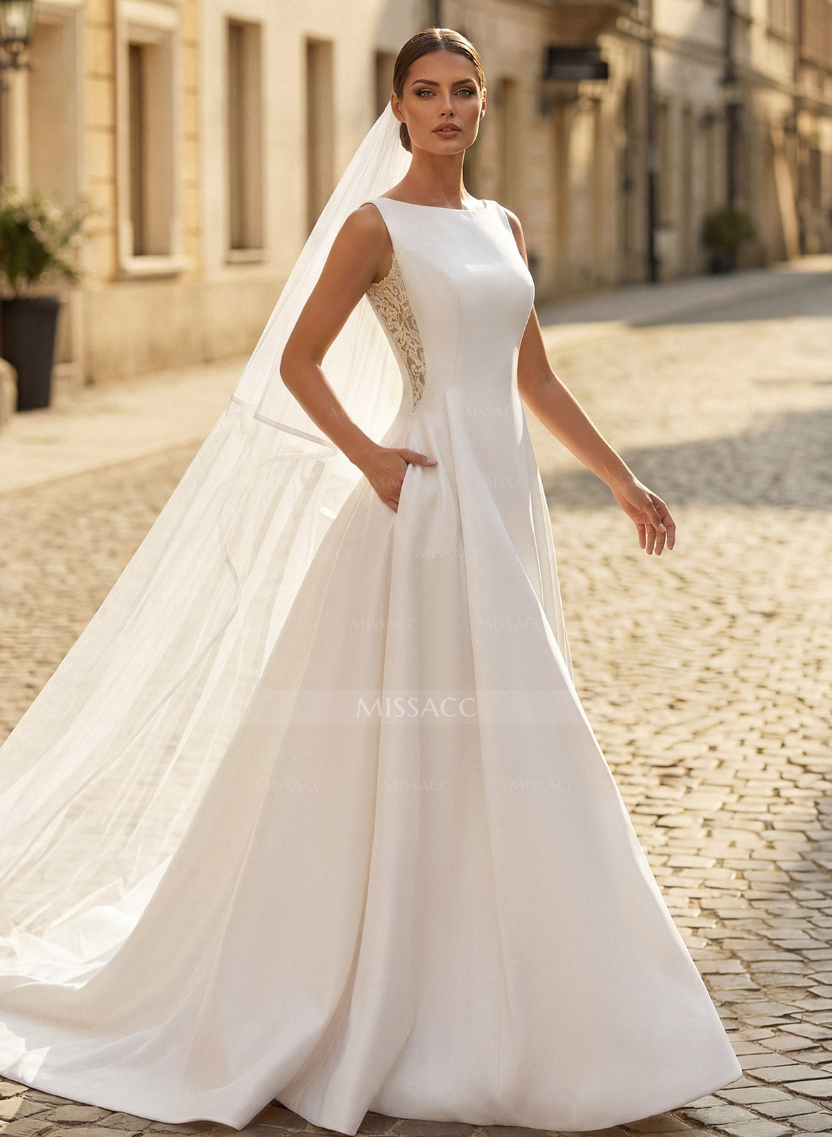 Ball-Gown Scoop Neck Sleeveless Satin Cathedral Train Wedding Dresses With Lace Bow(s)