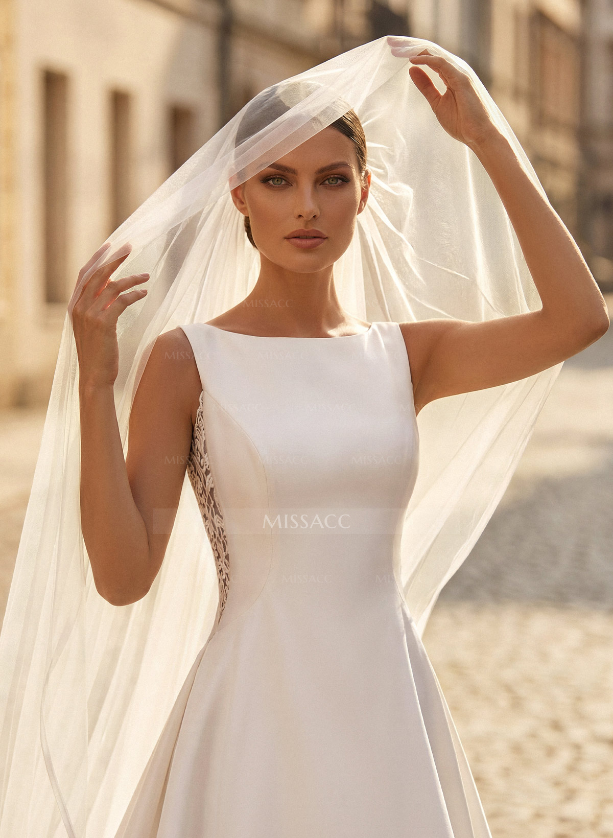 Ball-Gown Scoop Neck Sleeveless Satin Cathedral Train Wedding Dresses With Lace Bow(s)