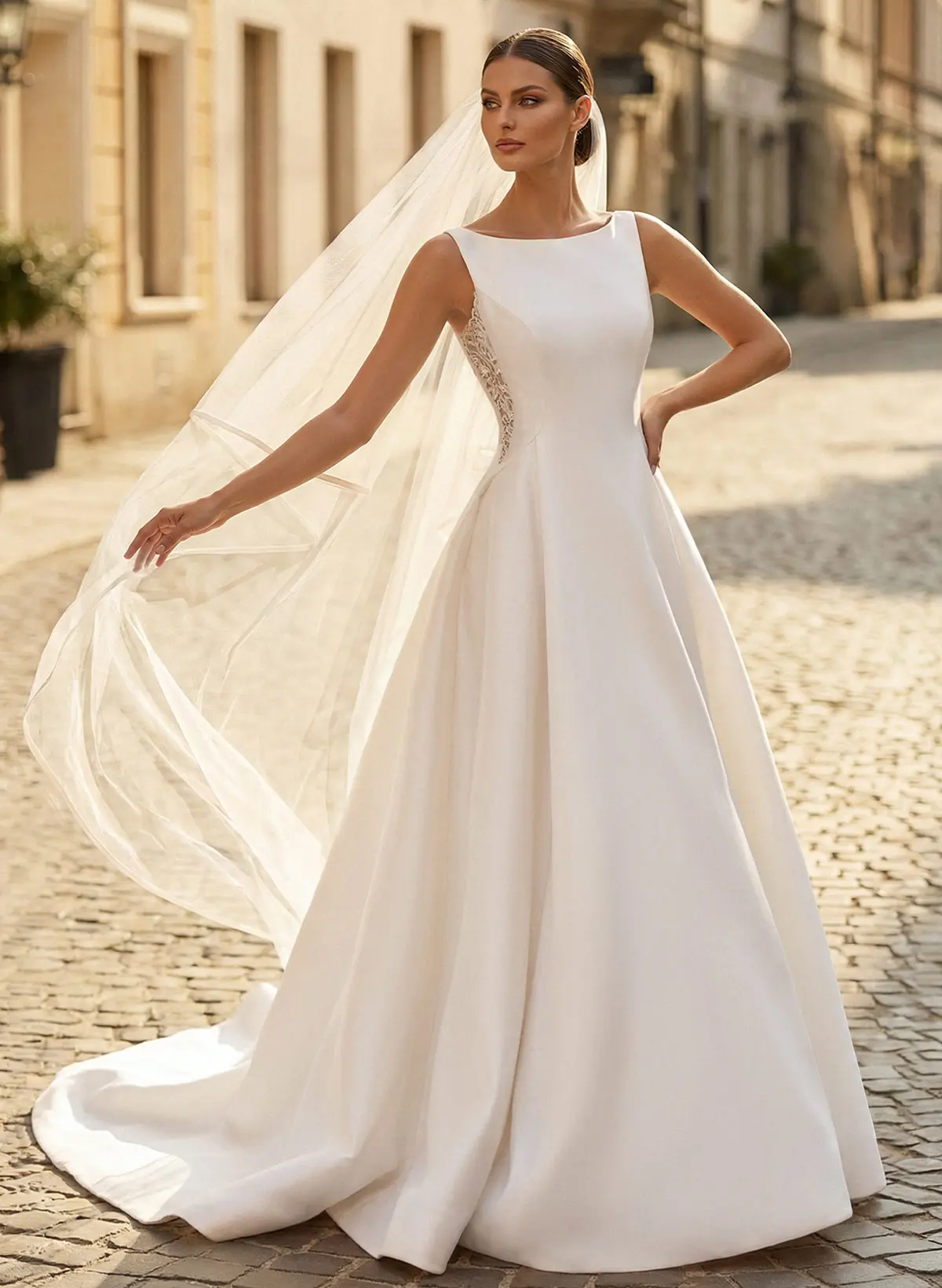 Ball-Gown Scoop Neck Sleeveless Satin Cathedral Train Wedding Dresses With Lace Bow(s)
