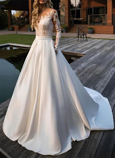 Ball-Gown Illusion Neck Long Sleeves Satin lace Chapel Train Wedding Dresses With Pleated Lace