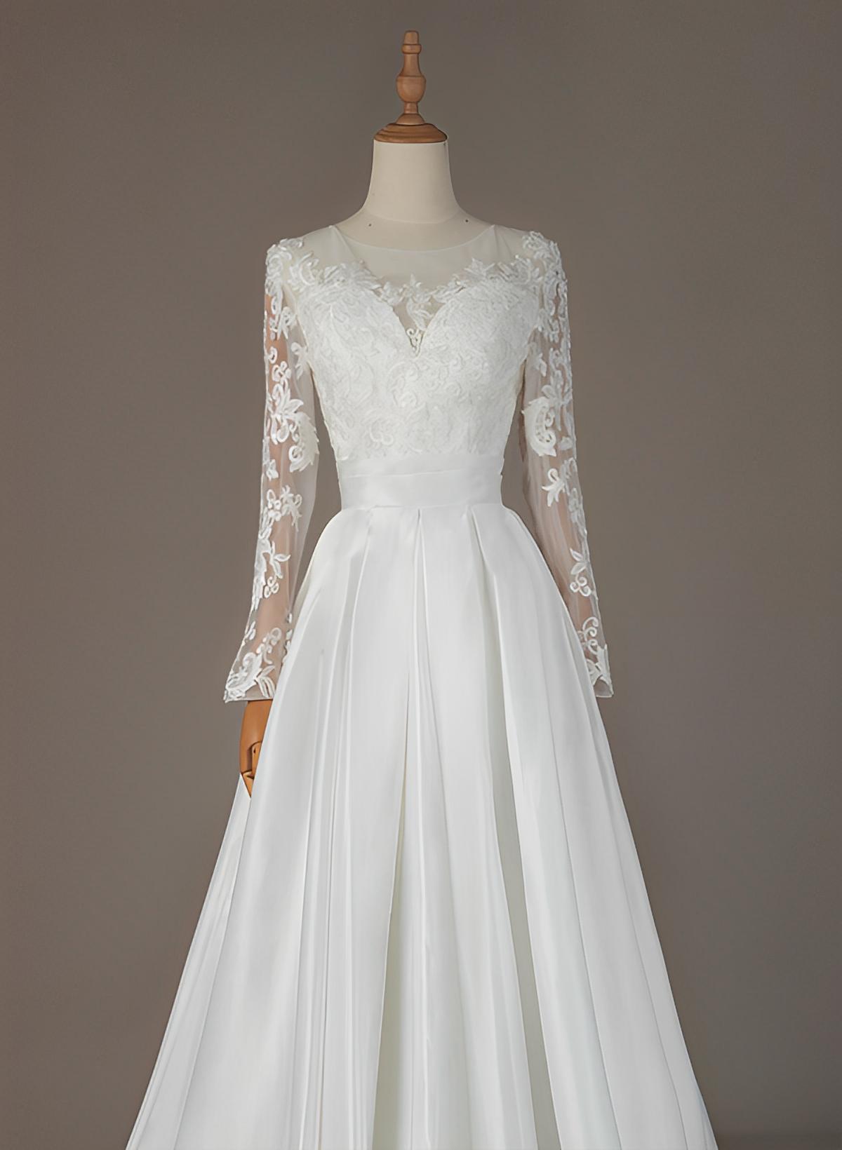 Ball Gown Illusion Neck Long Sleeves Satin Lace Chapel Train Wedding Dresses With Pleated Lace