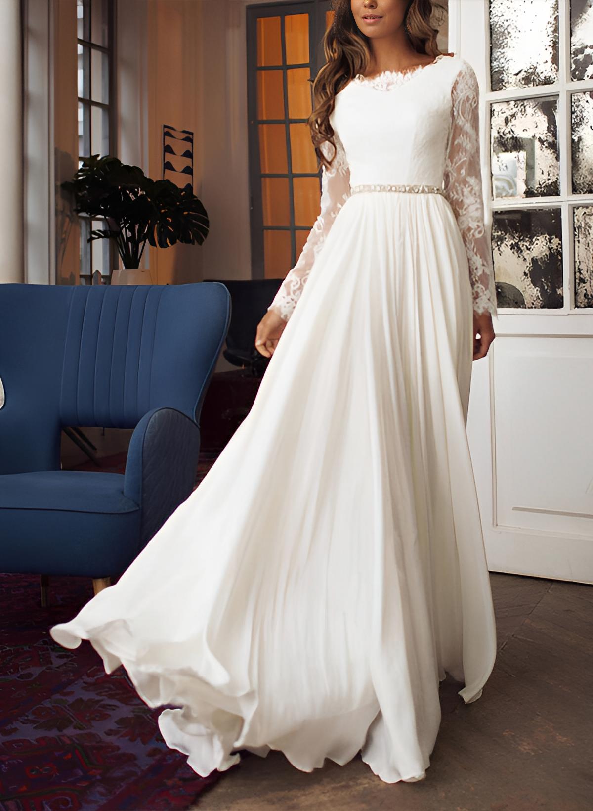 A-Line Scoop Neck Long Sleeves Chiffon Lace Sweep Train Wedding Dresses With Lace Pleated