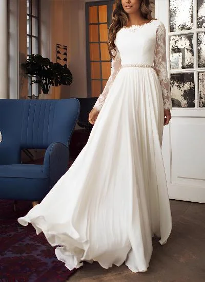A-Line Scoop Neck Long Sleeves Composite Wire Chiffon Lace Sweep Train Wedding Dresses With Lace Pleated