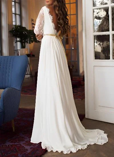 A-Line Scoop Neck Long Sleeves Composite Wire Chiffon Lace Sweep Train Wedding Dresses With Lace Pleated