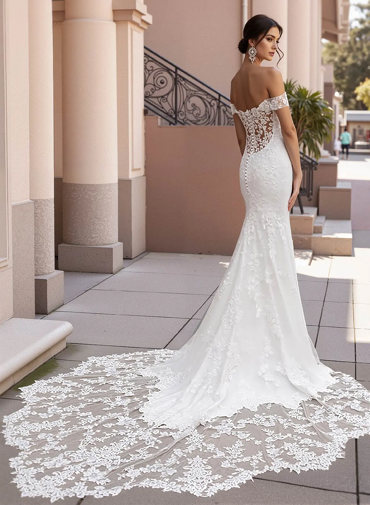 Missacc Ivory Bride Trumpet/Mermaid Off The Shoulder Satin Lace Chapel Train Wedding Dresses With Lace