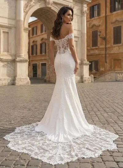 Trumpet/Mermaid Off The Shoulder Satin Lace Chapel Train Wedding Dresses With Lace