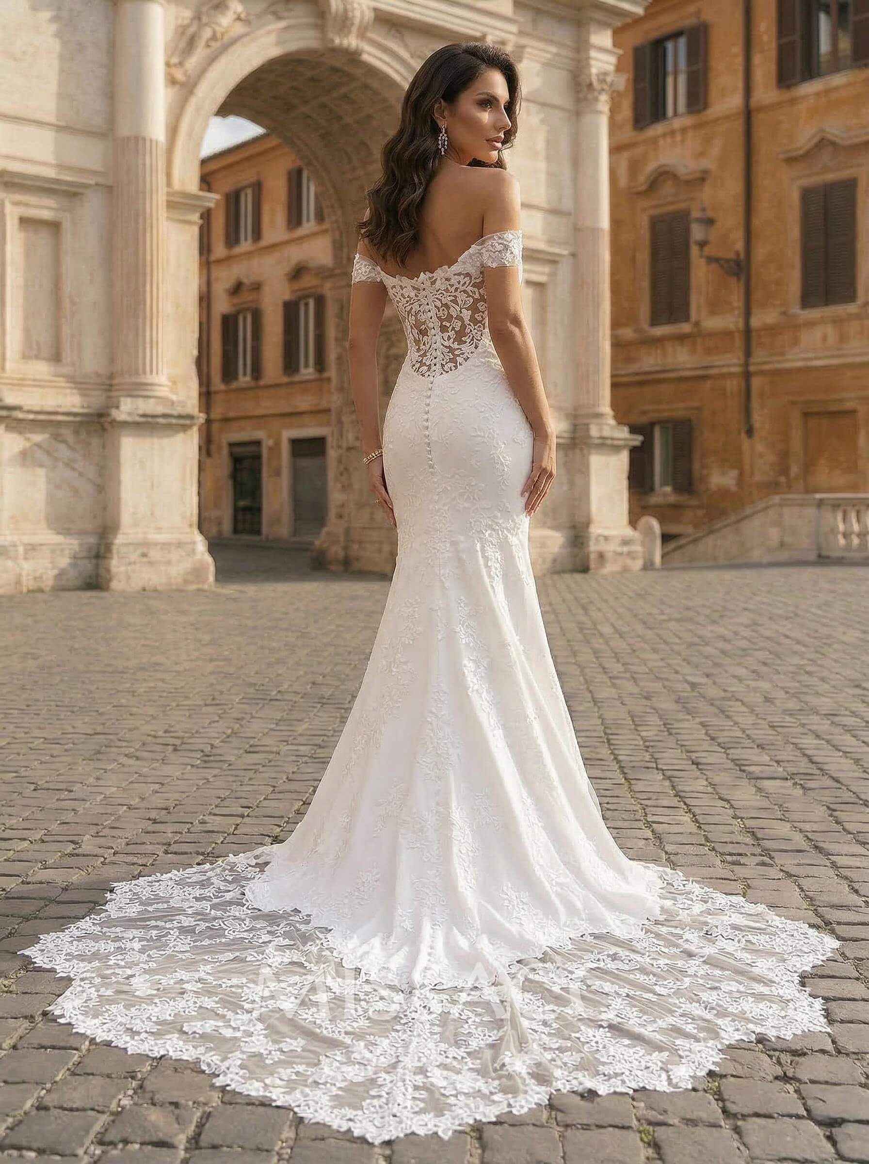 Trumpet/Mermaid Off The Shoulder Satin Lace Chapel Train Wedding Dresses With Lace Trumpet/Mermaid Off The Shoulder Satin Lace Chapel Train Wedding Dresses With Lace