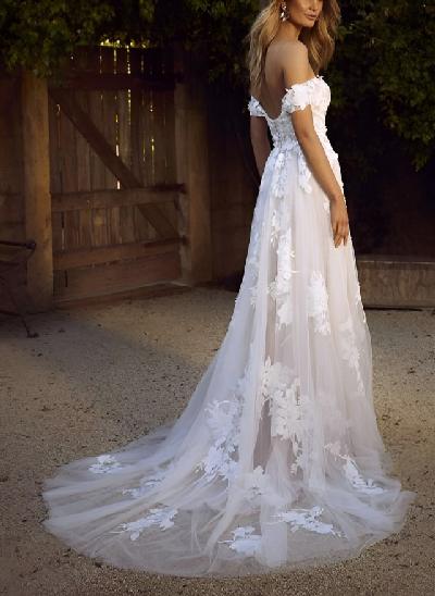 A-Line Off-The-Shoulder Tulle Lace Sweep Train Wedding Dress With Appliques Lace