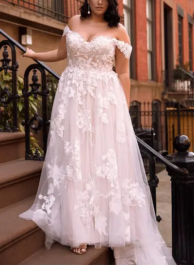 A-Line Off-The-Shoulder Tulle Lace Sweep Train Wedding Dress With Appliques Lace