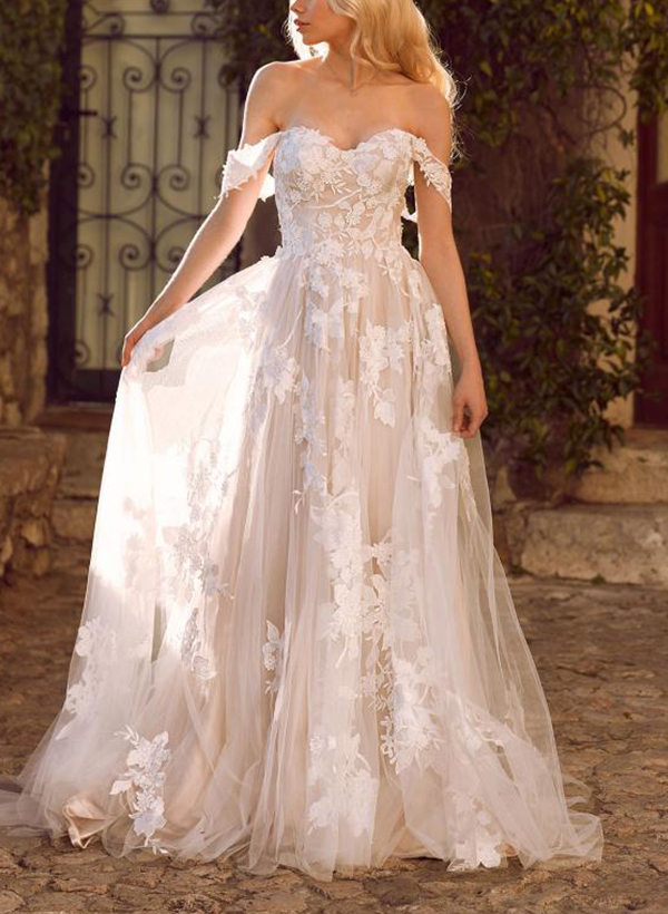 A-Line Off-The-Shoulder Tulle Lace Sweep Train Wedding Dress With Appliques Lace