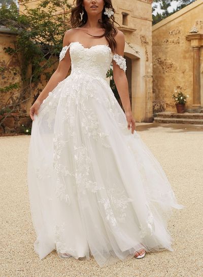 A-Line Off-The-Shoulder Tulle Lace Sweep Train Wedding Dress With Appliques Lace