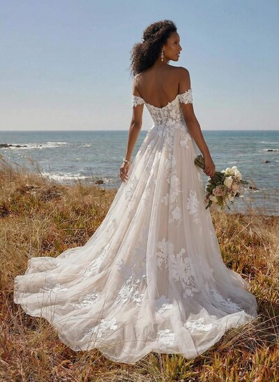 A-Line Off-The-Shoulder Tulle Lace Sweep Train Wedding Dress With Appliques Lace