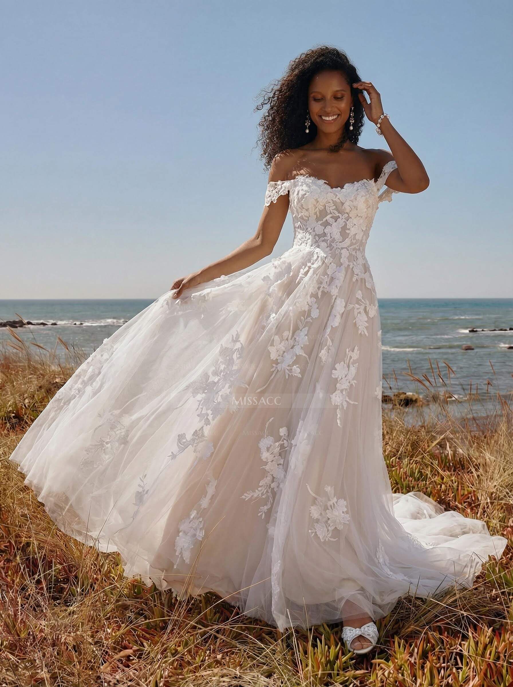 A-Line Off-The-Shoulder Tulle Lace Sweep Train Wedding Dress With Appliques Lace