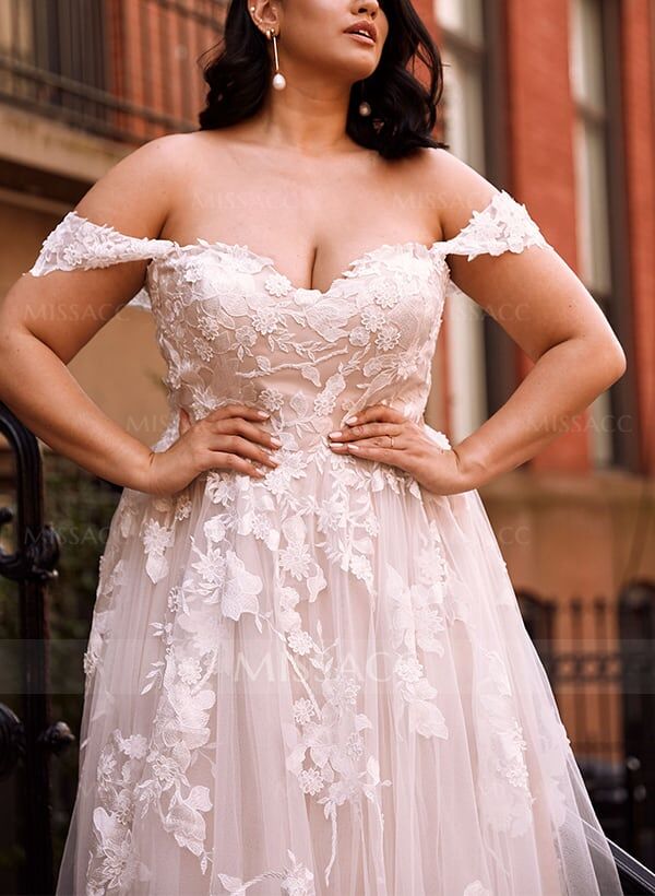 A-Line Off-The-Shoulder Tulle Lace Sweep Train Wedding Dress With Appliques Lace