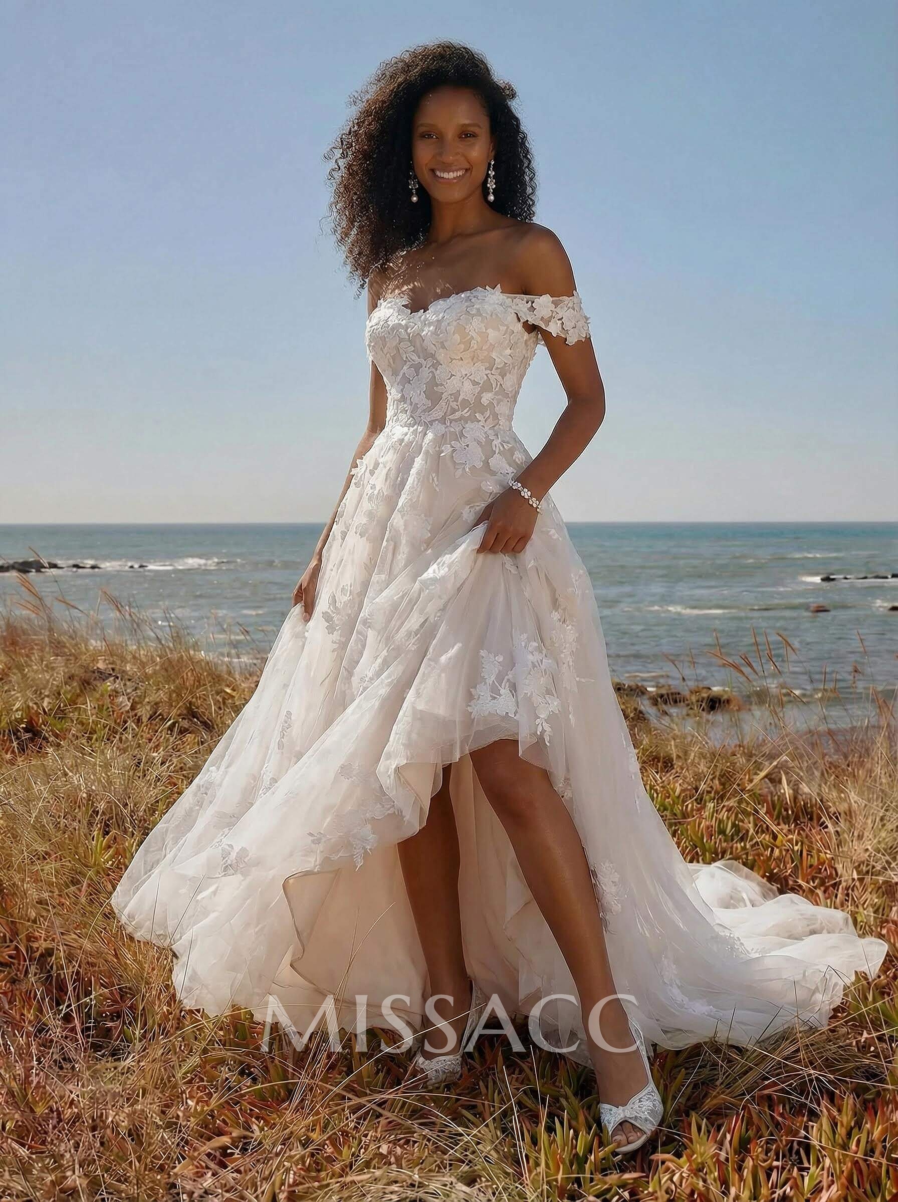 A-Line Off-The-Shoulder Tulle Lace Sweep Train Wedding Dress With Appliques Lace
