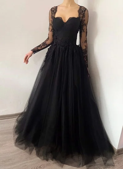 A-Line Sweetheart Long Sleeves Lace Court Train Wedding Dresses With Lace