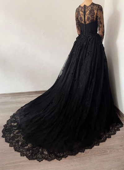 A-Line Sweetheart Long Sleeves Lace Court Train Wedding Dresses With Lace