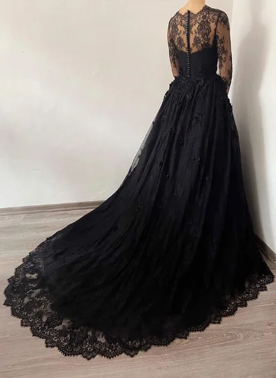A-Line Sweetheart Long Sleeves Lace Court Train Wedding Dresses With Lace