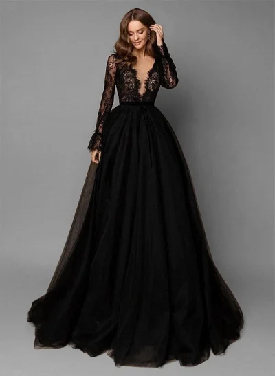 A-Line V-Neck Long Sleeves Lace Tulle Sweep Train Wedding Dresses With Lace