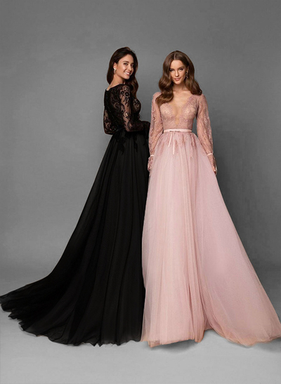 A-Line V-Neck Long Sleeves Lace Tulle Sweep Train Wedding Dresses With Lace