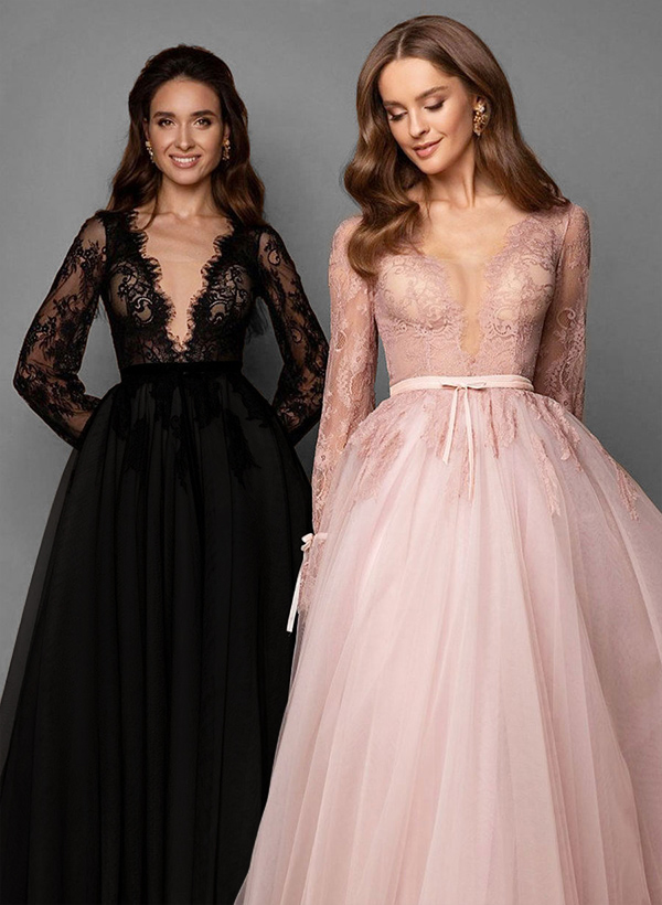 A-Line V-Neck Long Sleeves Lace Tulle Sweep Train Wedding Dresses With Lace