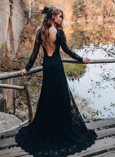 Sheath/Column High Neck Long Sleeves Lace Sweep Train Wedding Dresses With Split Front Lace