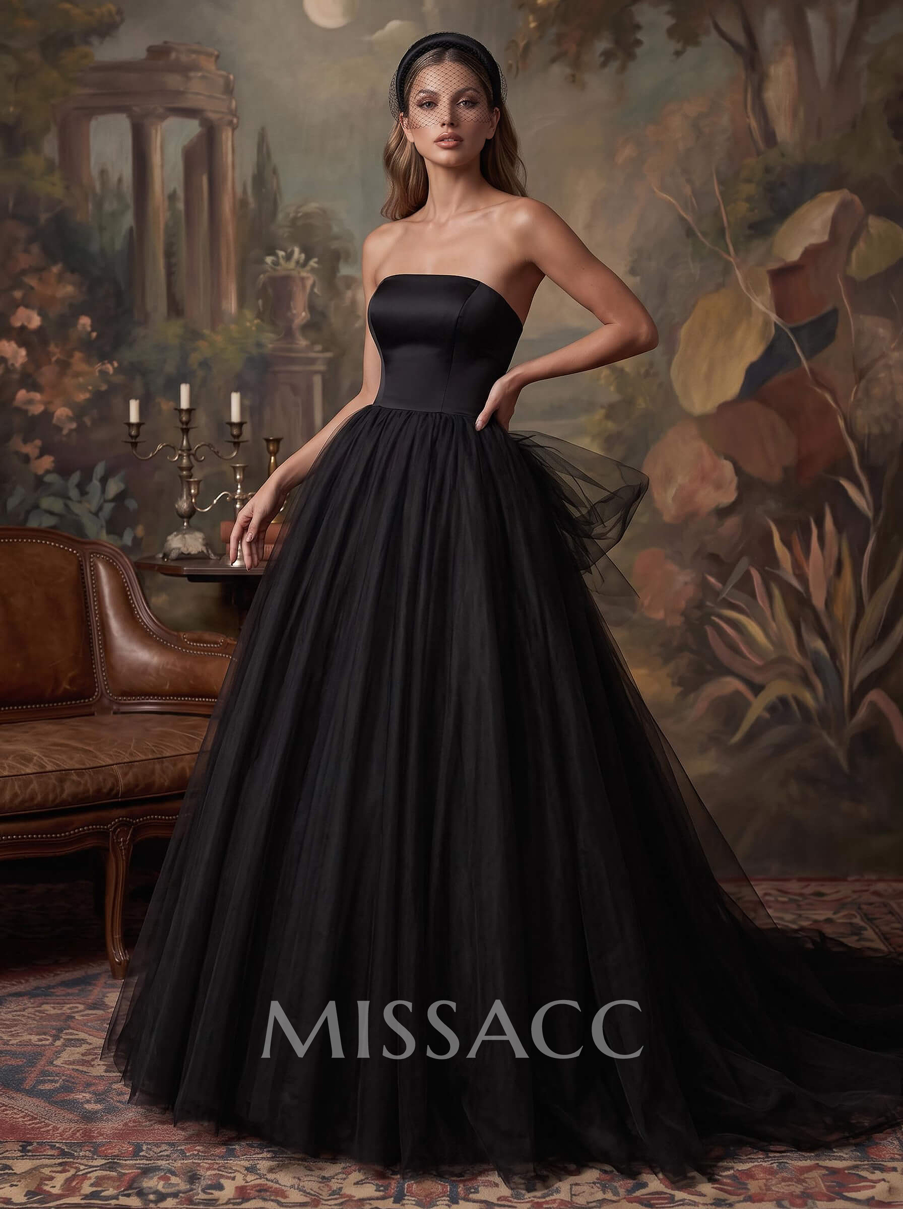 A-Line Strapless Sleeveless Tulle Court Train Wedding Dresses With Pleated