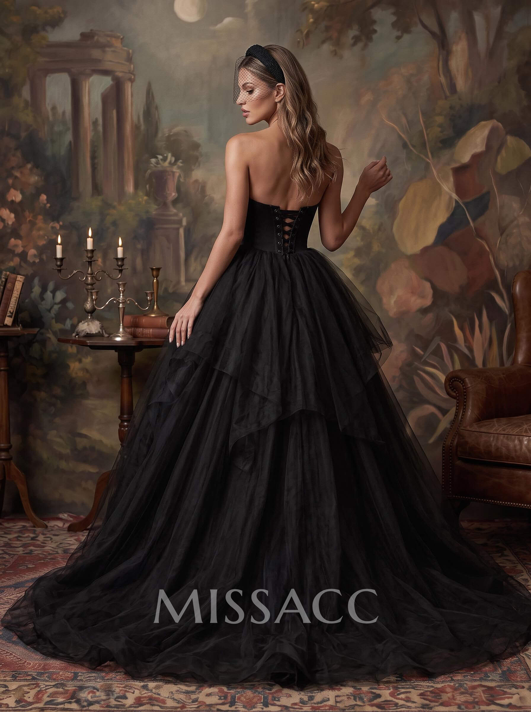 A-Line Strapless Sleeveless Tulle Court Train Wedding Dresses With Pleated