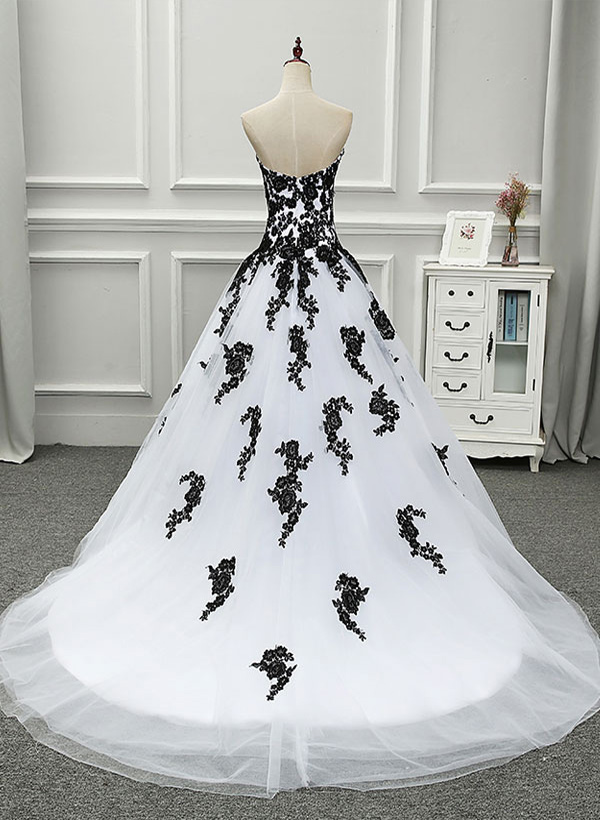 Ball-Gown/Princess Strapless Sleeveless Tulle Lace Court Train Wedding Dresses With Appliques Lace