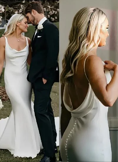 Sexy Spaghetti Straps Cowl Back Wedding Dress With Buttons Down The Back