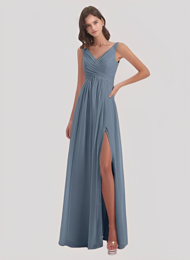 A-Line V-Neck Sleeveless Chiffon Floor-Length Bridesmaid Dress With Split Front Pleated