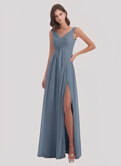 A-Line V-Neck Sleeveless Chiffon Floor-Length Bridesmaid Dress With Split Front Pleated