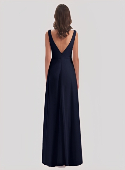 A-Line V-Neck Sleeveless Chiffon Floor-Length Bridesmaid Dress With Split Front Pleated