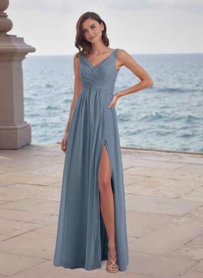 A-Line V-Neck Sleeveless Chiffon Floor-Length Bridesmaid Dress With Split Front Pleated